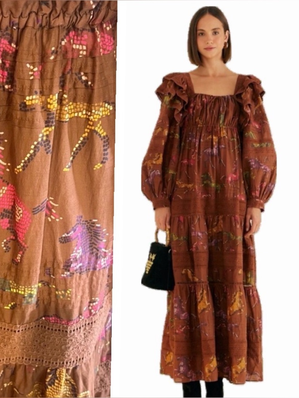 FARM Rio, Dotted horse Brown Floral Dress, Size XS EUC bohemian/ Country